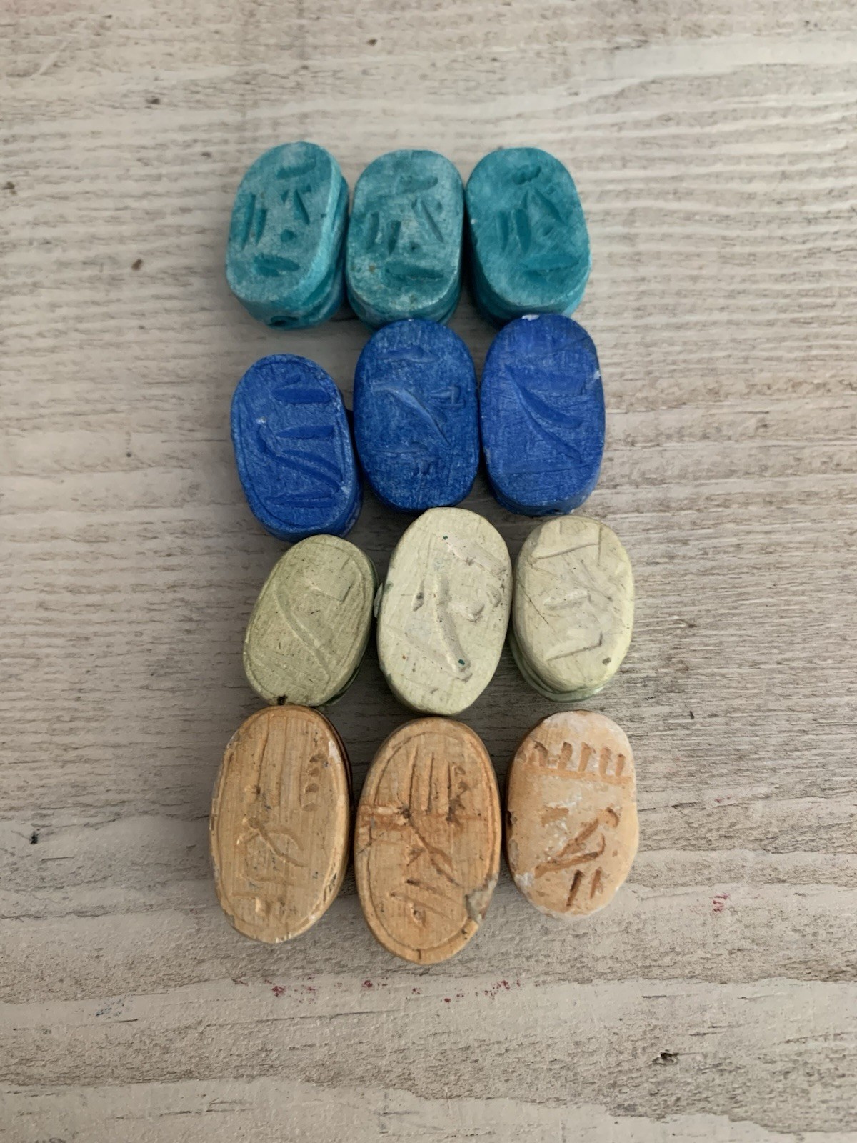 Scarab Beatle Stone Beads From Egypt. 12 Scarabs Of Different Colors.