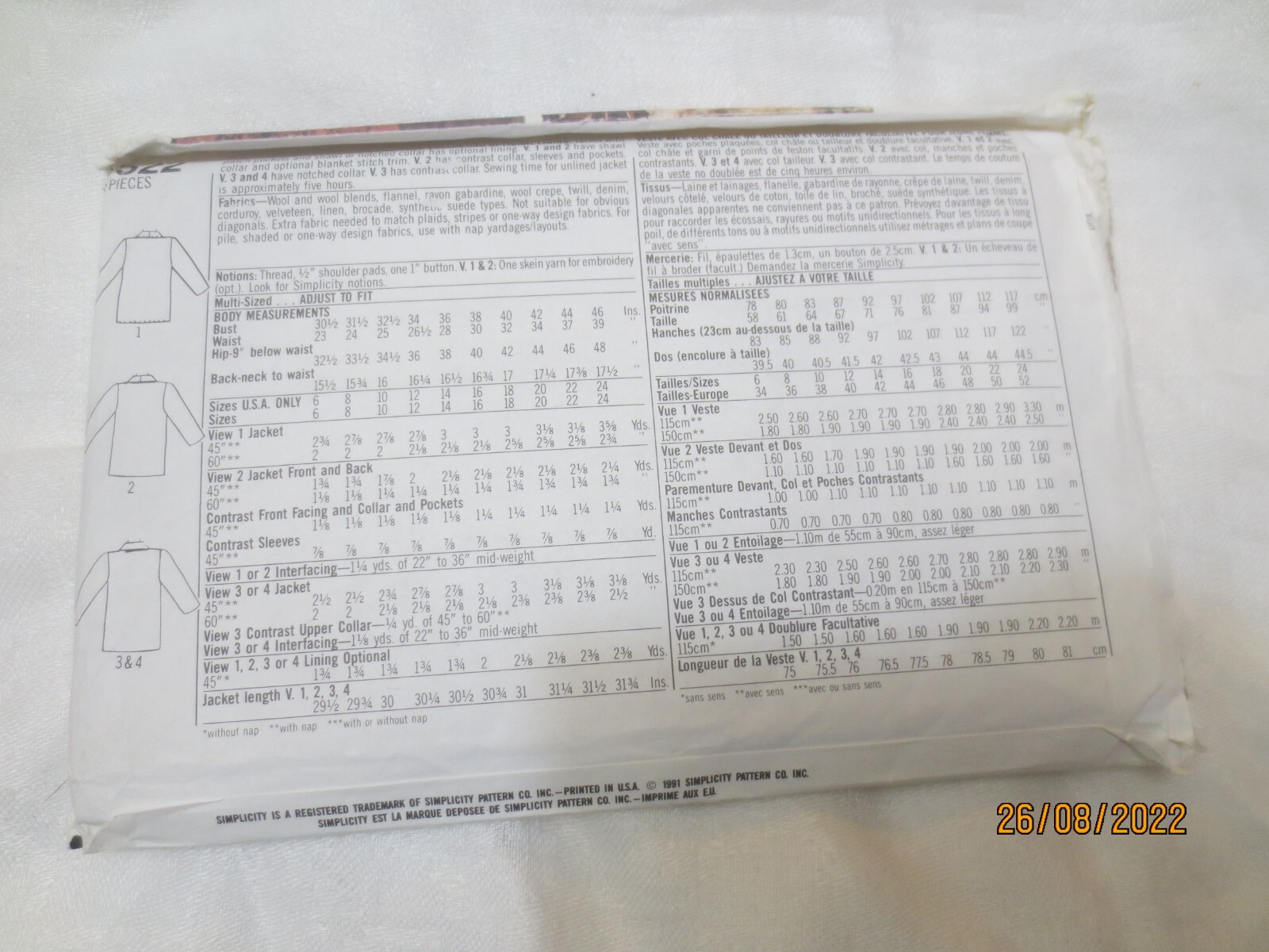 Uncut Simplicity 7522 Misses Jackets w/Optional Lining Pattern Ss 10-12-14-16