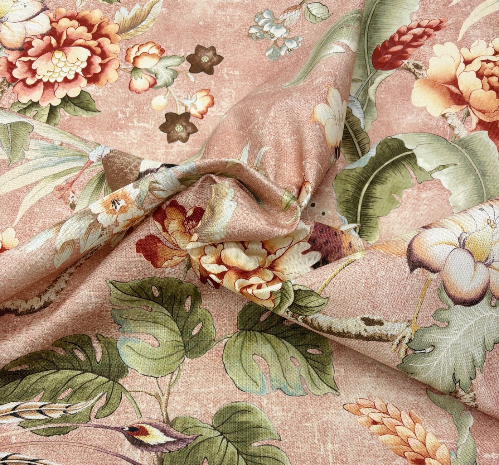 P KAUFMANN PASSERINE PAVILLION BLUSH PINK GREEN BIRD FLORAL FABRIC BY YARD 54″W
