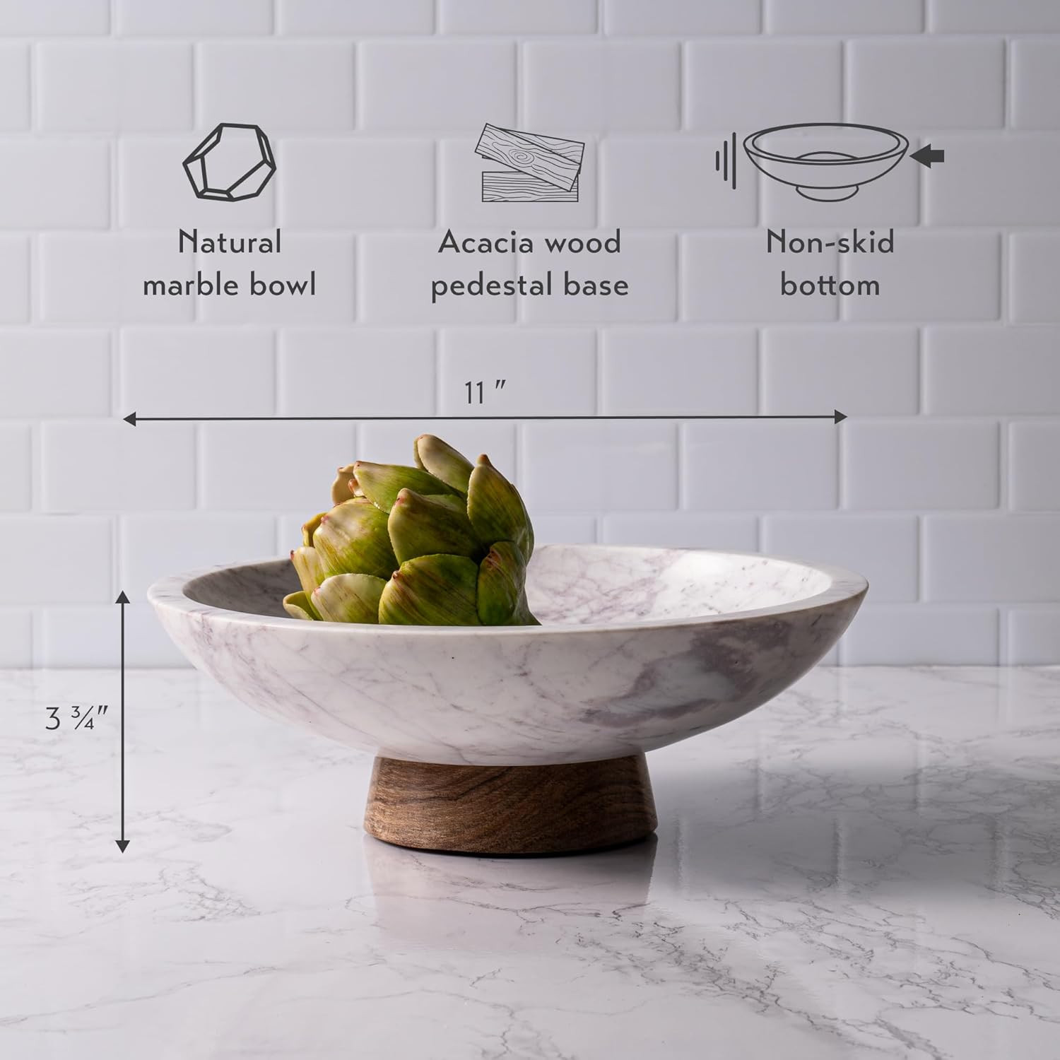 Marble Decorative Bowl with Acacia Wood Pedestal, 11 Inch | Handcrafted Natural