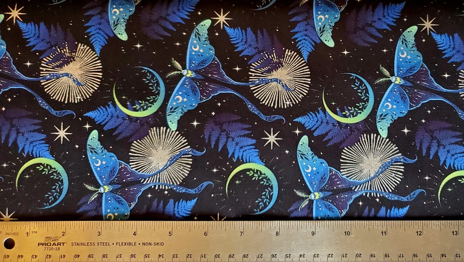 “La Luna” Blue/Silver Lunar Moths & Moons Fabric-100% Cotton•BTY•Fast Ship!