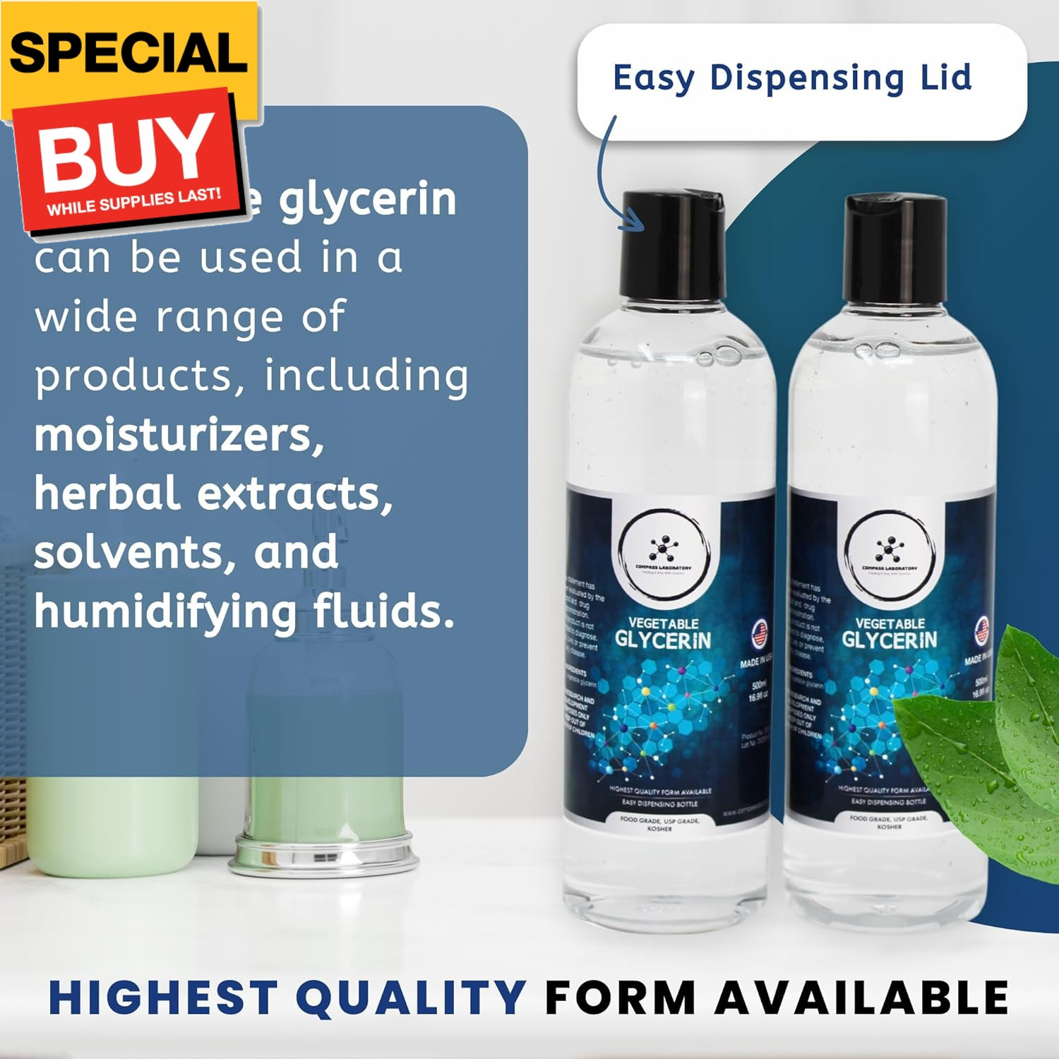 Vegetable Glycerin 2 Pack, Pure VG, USP Kosher Food Grade VG Liquid for Soaps, L