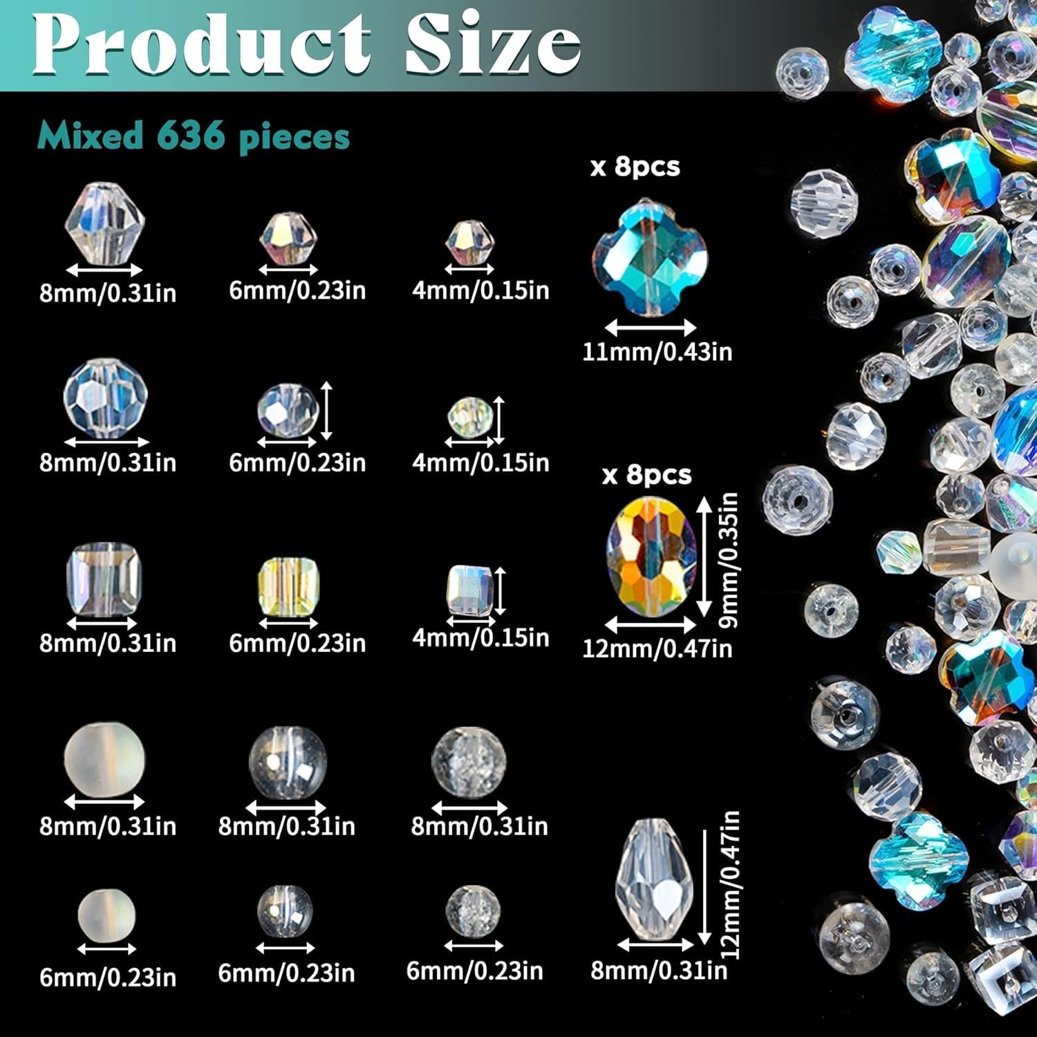 636Pcs Glass Beads for Jewelry Making, Assorted Crystal Beads with Loose Beads