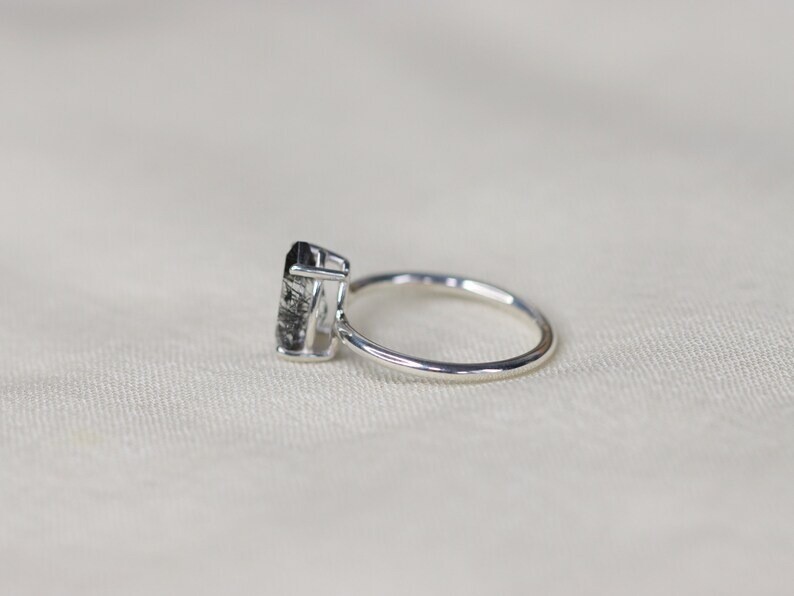 Pear Shaped Black Rutile Quartz Ring – Minimalist Silver Ring for Her