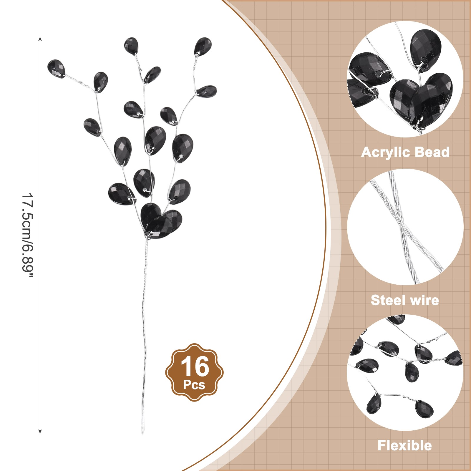 16 Pcs Acrylic Bead Drop Stems, Crystal Floral Picks Bouquets Flowers, Black