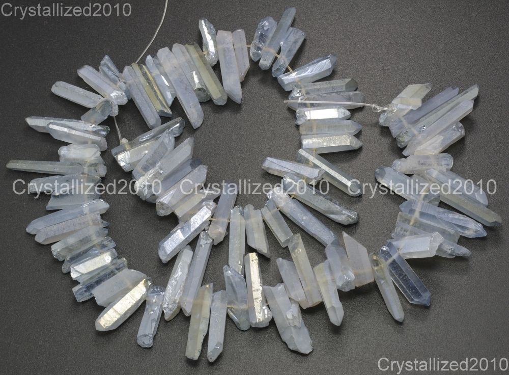 Metallic Titanium Coated Natural Quartz Crystal Stick Spike Pointed Beads 16”