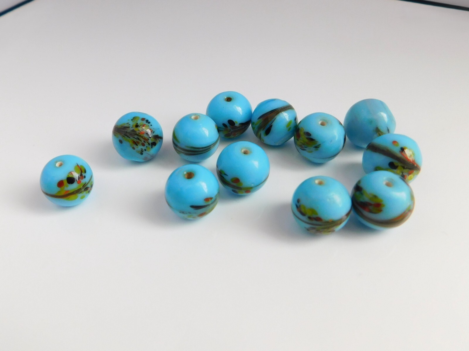 Vintage Blue Lampwork Glass Beads With Hand-Painted Dots and Swirls 10mm Lot