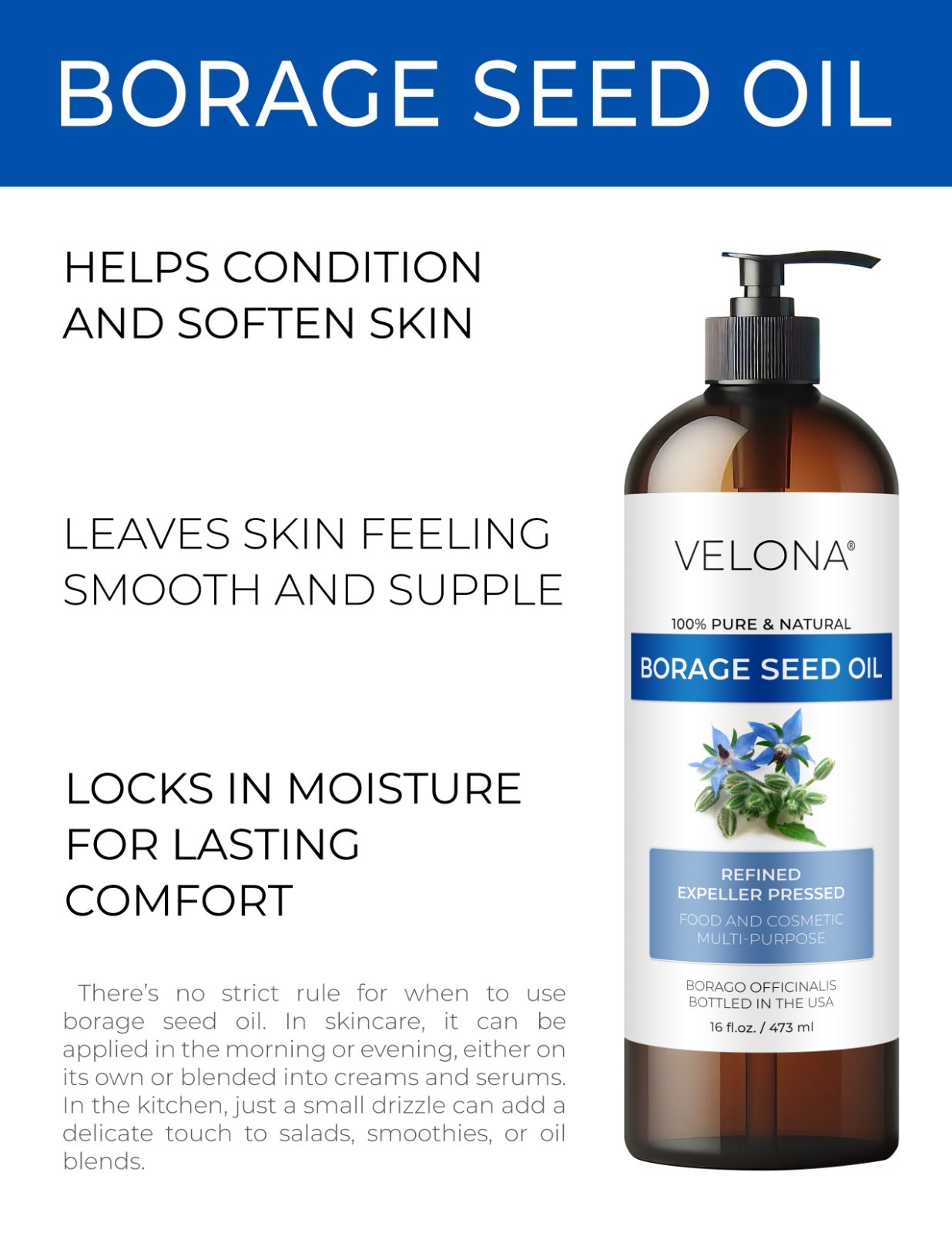 Borage Seed Oil by Velona – 2 Fl Oz – 1 Gal Refined, Expeller pressed, Skin care