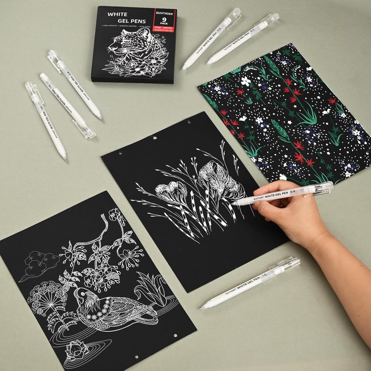 BUUTIIGER White Gel Pens – 0.6/0.8/1.0mm Fine Point Opaque White Archival Ink