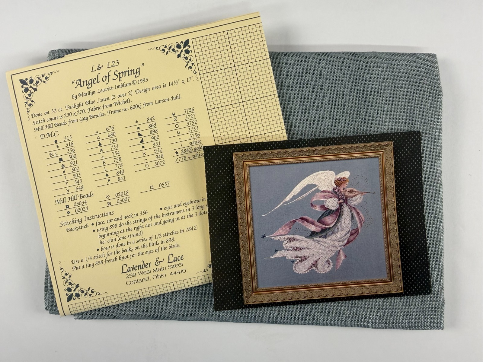 Lavender & Lace “Angel of Spring” Cross Stitch Chart Pattern 32ct Linen Included