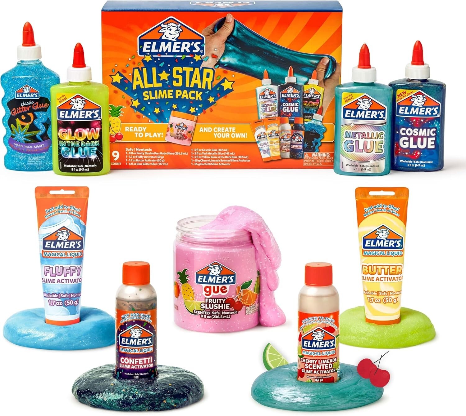 Elmer’s All-Star Slime Kit – Includes 9 Colorful Glues & Activators, Non-Toxic