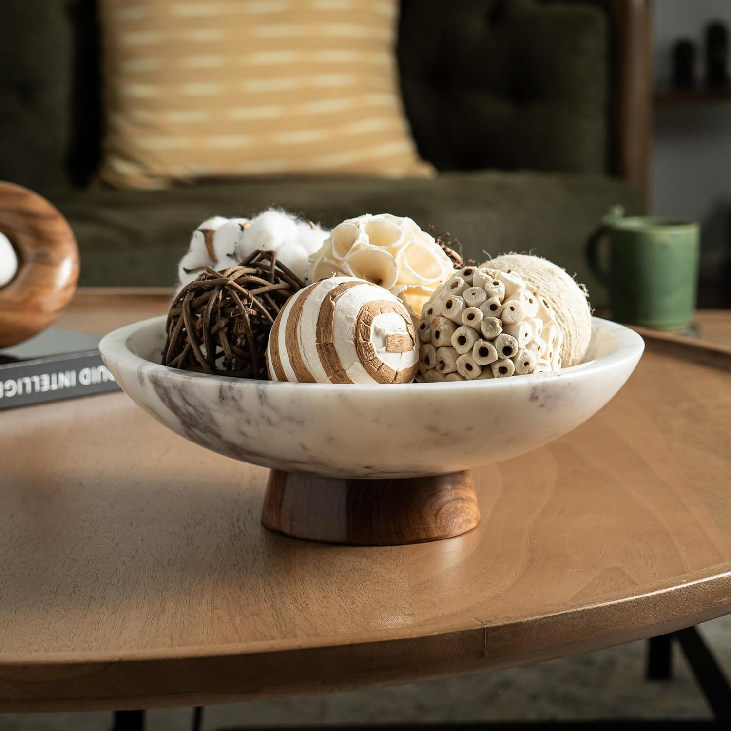 Marble Decorative Bowl with Acacia Wood Pedestal, 11 Inch | Handcrafted Natural