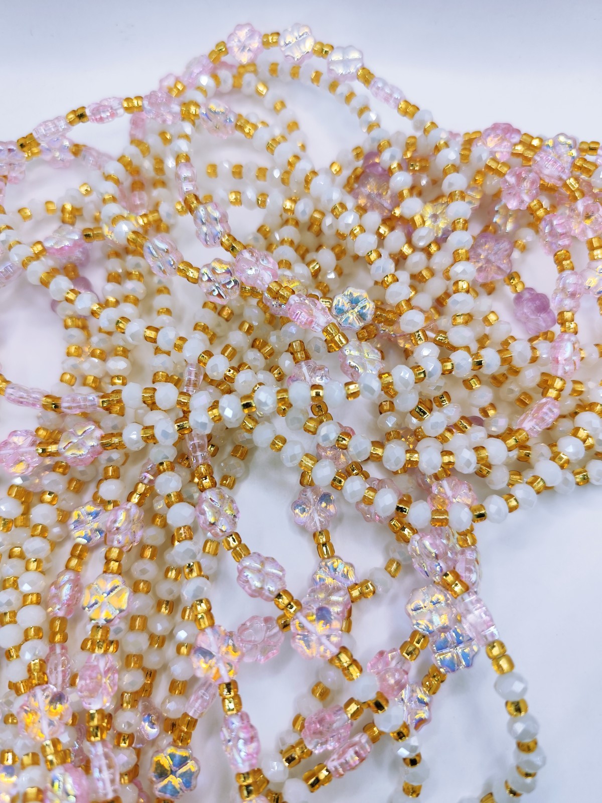 Gold Pink Flower Crystal Waistbeads Tie On 50 Inches Body Jewelry For Daily Use