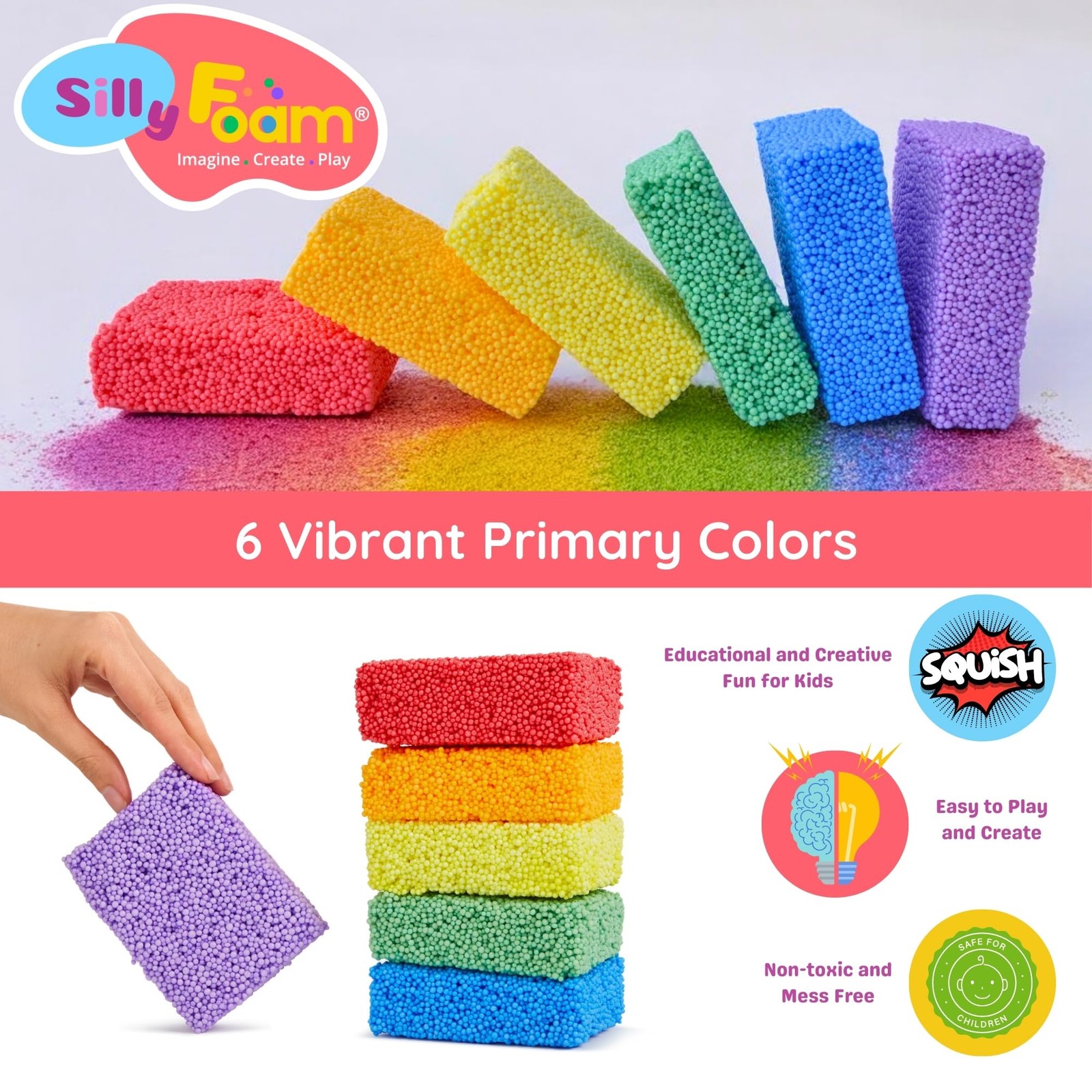 Silly Foam, Creative Modeling Foam Beads, 1-Pack of 6 Primary Colors, Easy Cl…