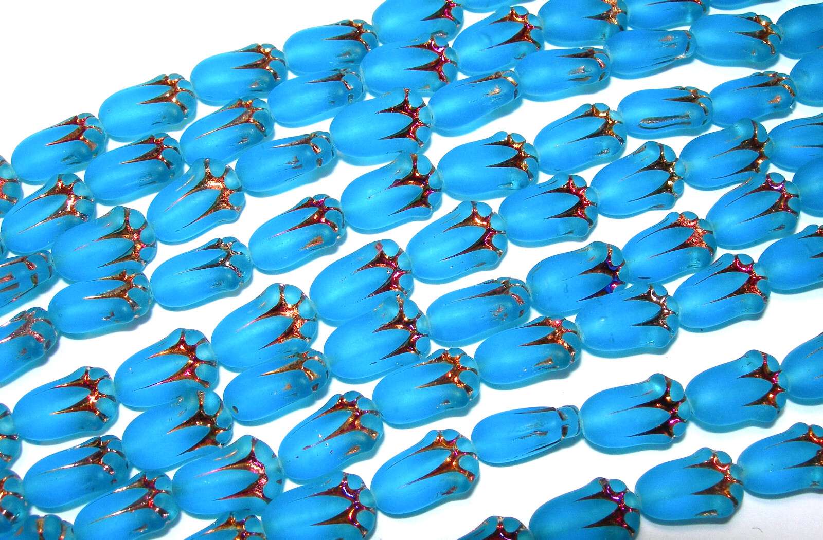12 beads – Matte Capri Blue with Metallic Czech Glass Tulip Flower Beads 10x7mm