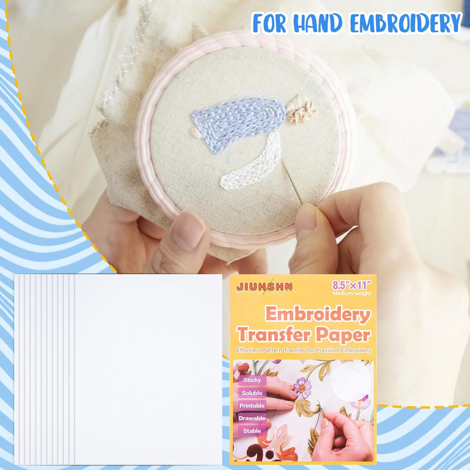 12Pcs Water Soluble Embroidery Paper, 8.5″X11″ Stick and Stitch Embroidery