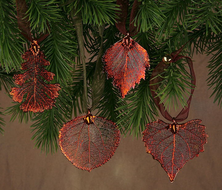 Oak Leaf Ornament – Copper Dipped, Real Leaves, 2.5 Inch, Sliding Ribbon Tie