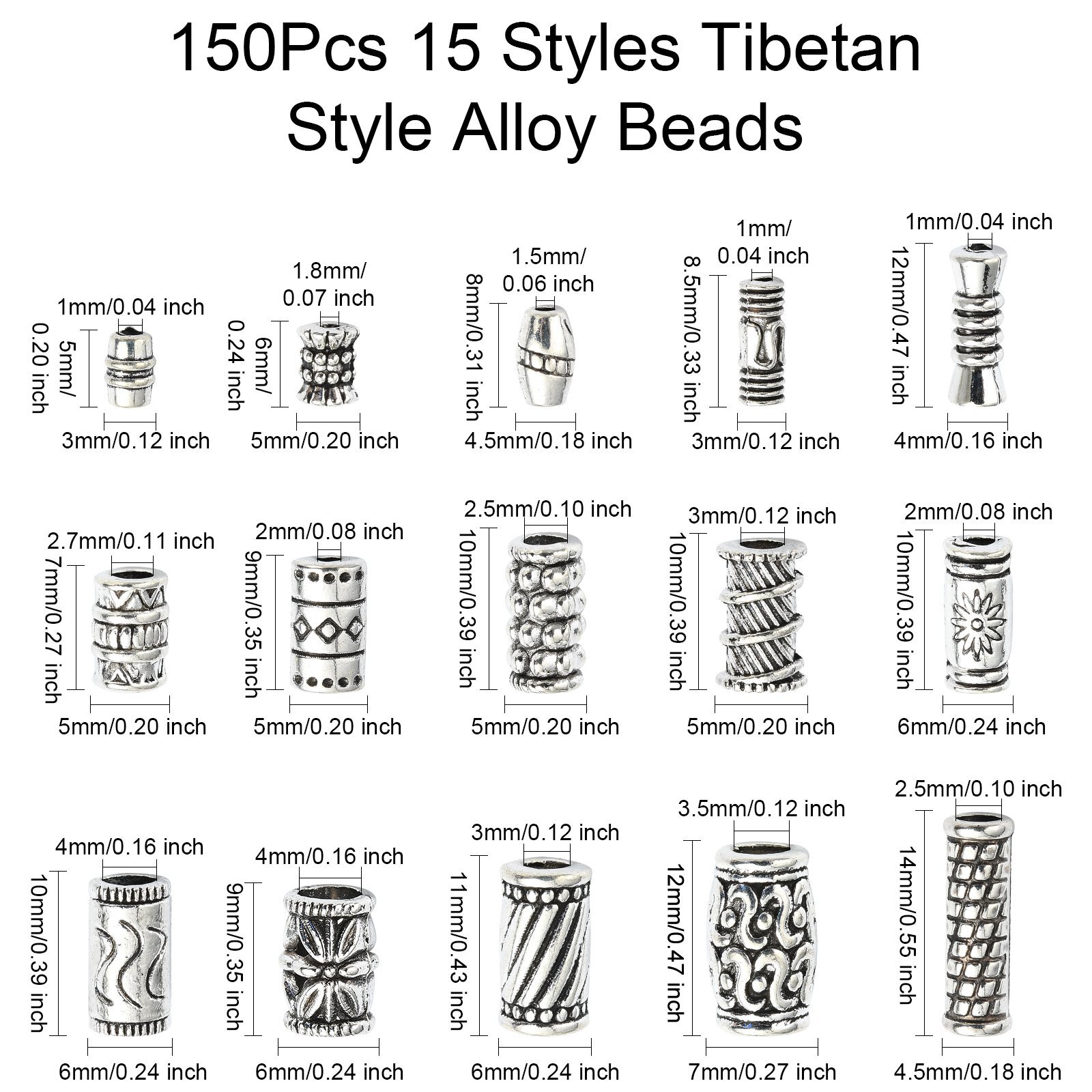 150pcs Column Spacer Beads Tibetan Antique Silver Tube Beads DIY Craft Beads