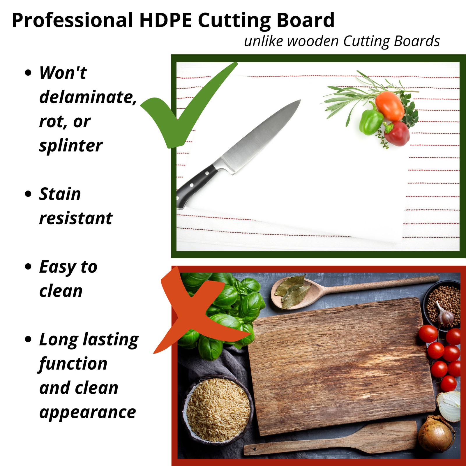 White Professional HDPE Plastic Cutting Board, Various Sizes and Thicknesses