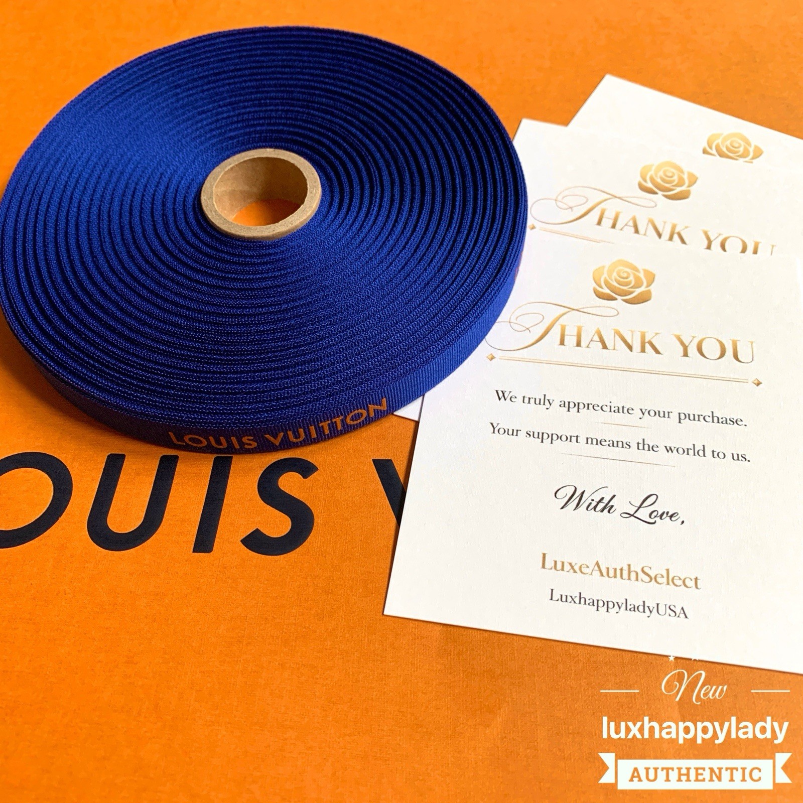 ❤️ New Authentic LOUIS VUITTON 1/2″ Blue & Gold Logo Gift Ribbon 1 Yard (36″) 🔥