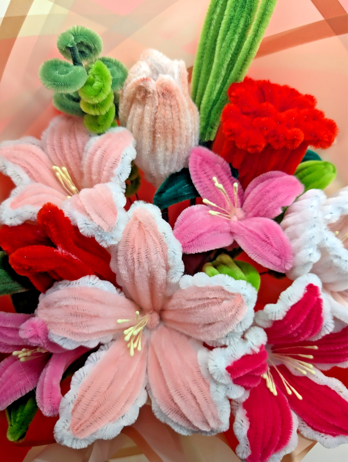 Handmade Lily pipe cleaner Flower Bundle Bouquet, Red, Pink and White Color