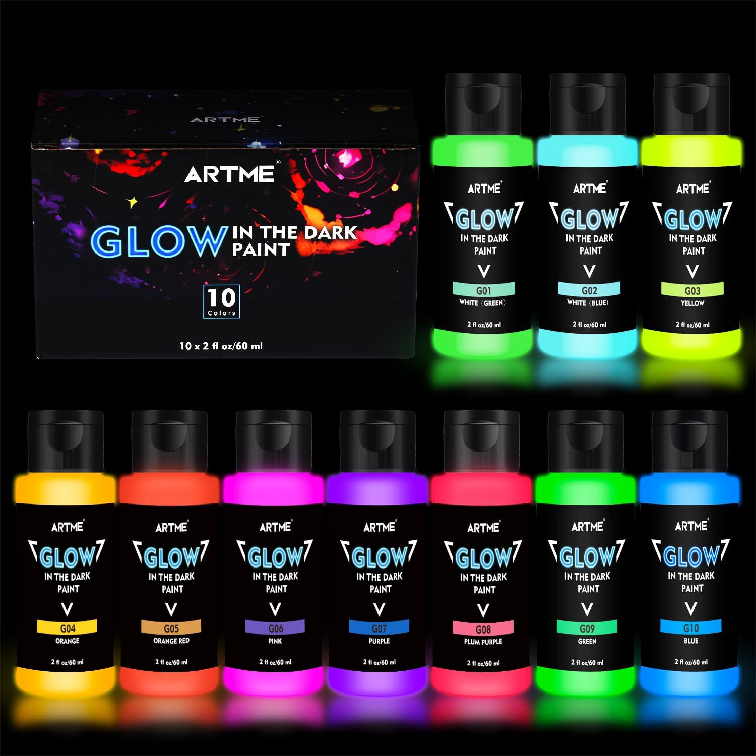 Glow in the Dark Paint, 10 Bright Colors 60Ml/2Oz Blacklight Paint Set, Neon Cra