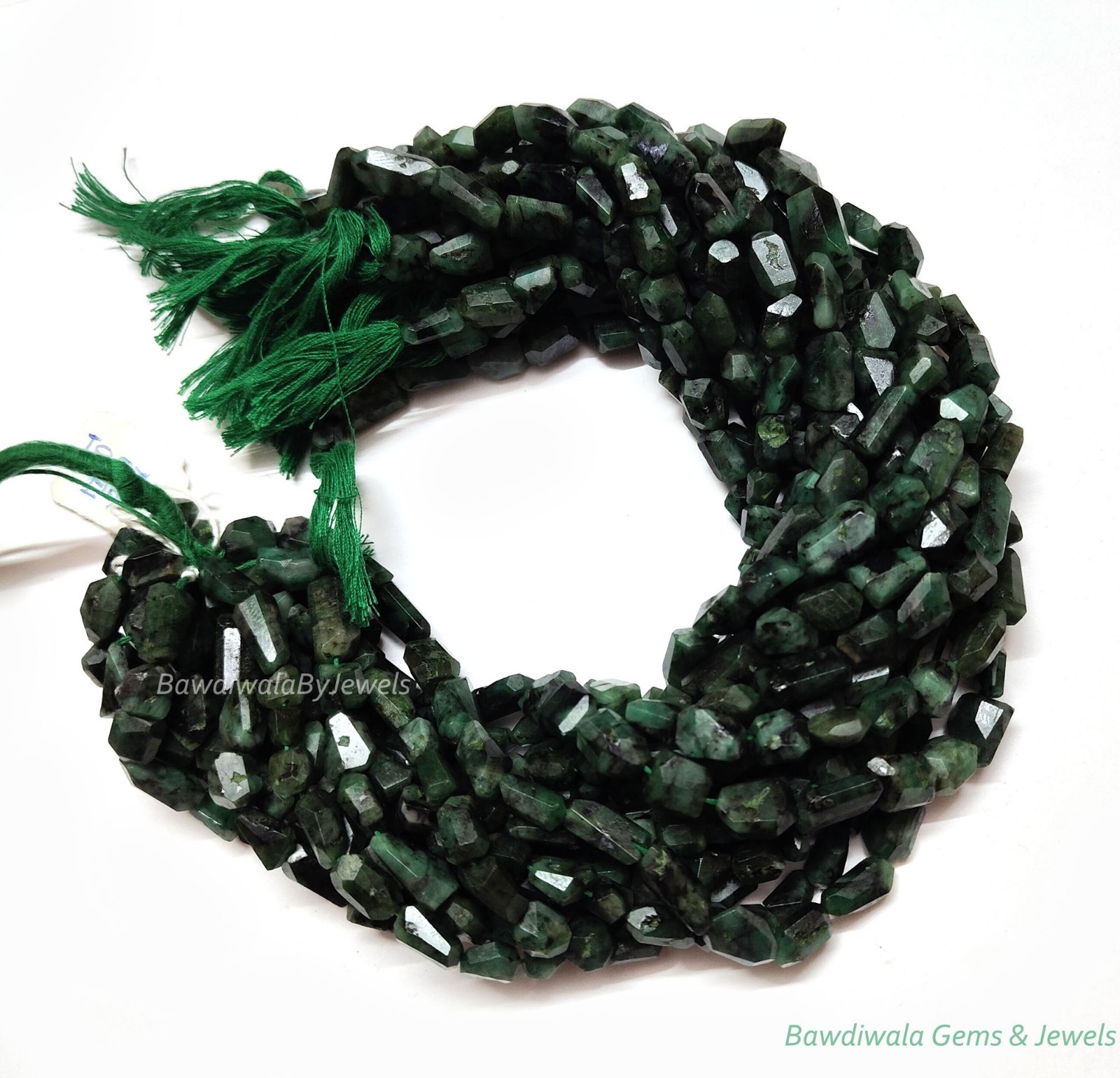 Natural Emerald Faceted Nugget Beads – Green Emerald Gemstone Tumble Bead Strand