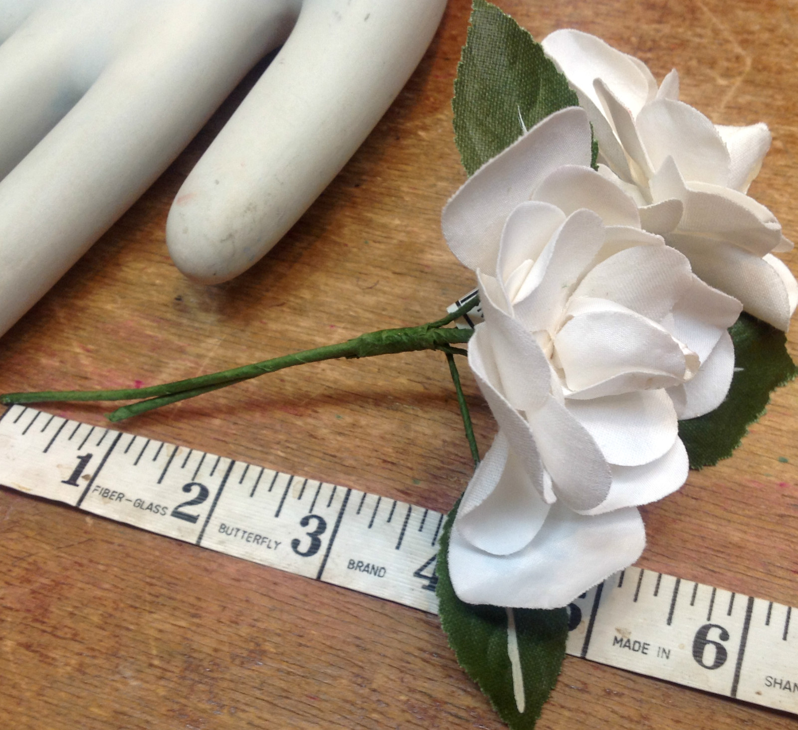 vintage linen silk white double gardenia leaves made in Czechoslovakia 1 spray
