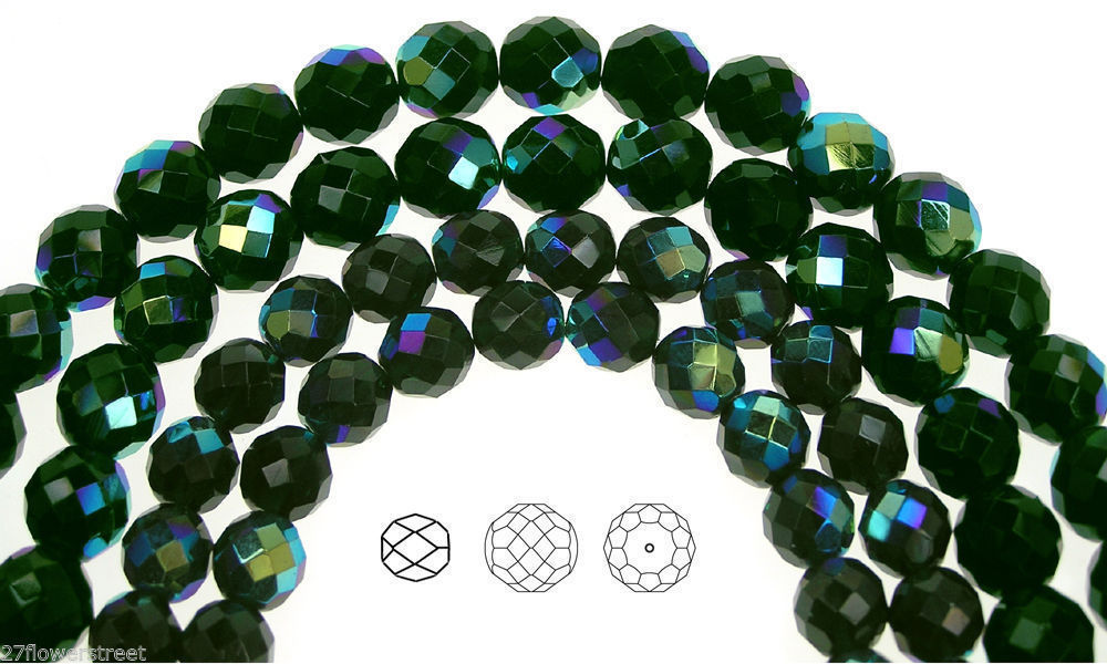 Czech Fire Polished Round Faceted Glass Beads in Black Emerald AB coated, 16″