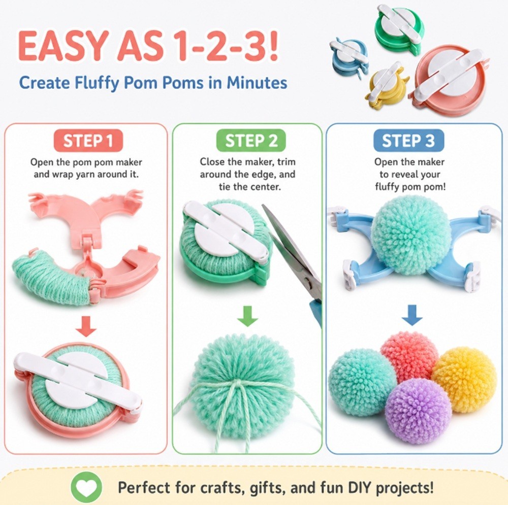 4 Sizes DIY Pompom Maker Kit – Fluff Ball Weaver for Crafting, Knitting & Wool