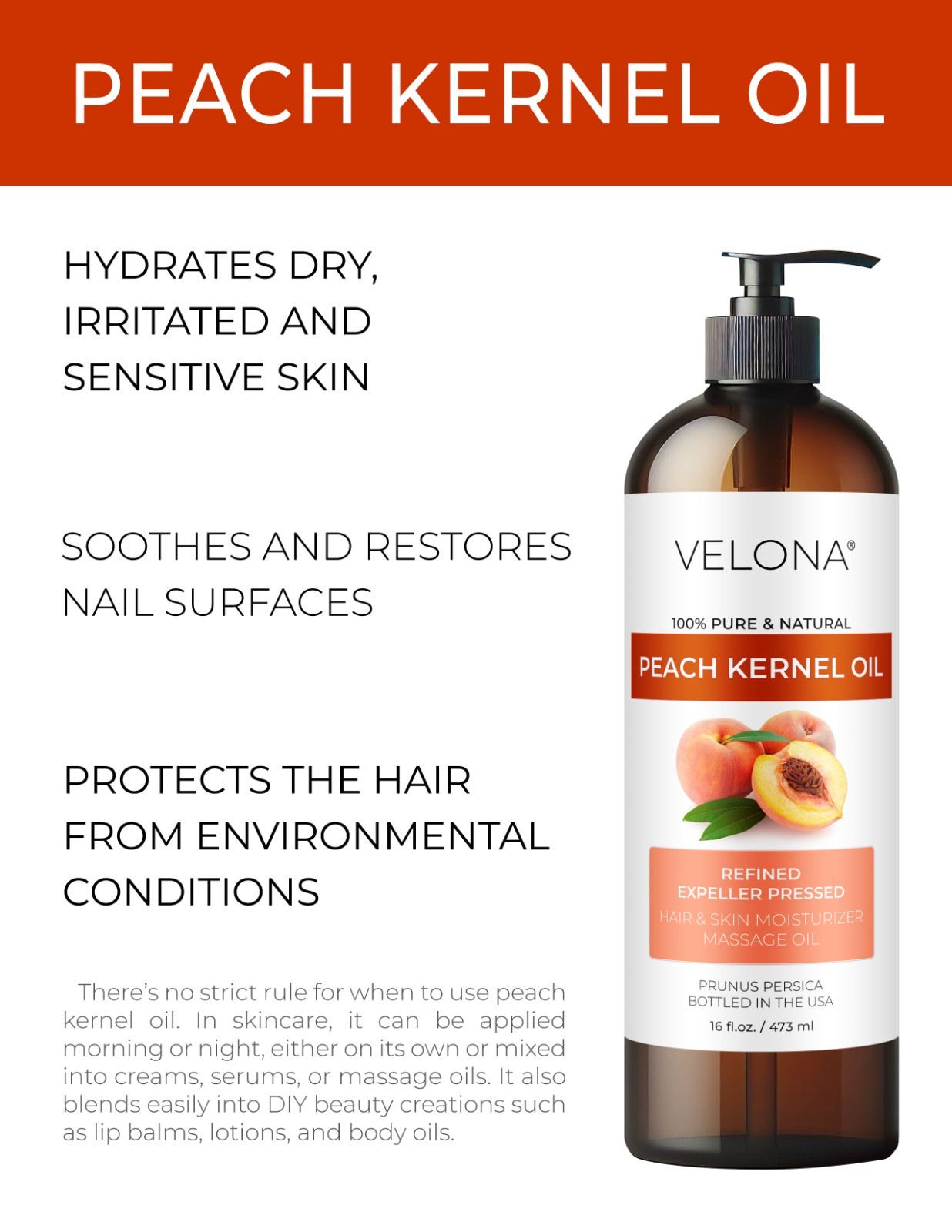 Peach Kernel Oil By Velona – 32 Fl Oz Refined Expeller pressed Skin, Hair Body