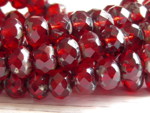 12 – 7x5mm CZECH TRANSPARENT RED METALLIC PICASSO FACETED FP RONDELLE GLASS BEAD