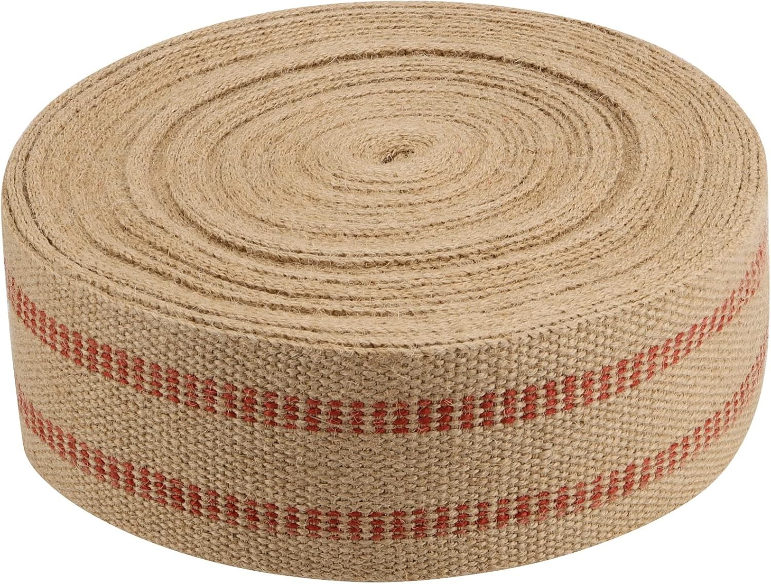 3.5 Inches x 33 Yards Natural Jute Upholstery Webbing with Red Stripes Burlap