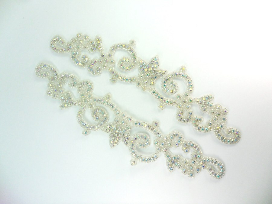 Rhinestone Appliques Mirror Pair Crystal AB Aurora Borealis Silver Beaded XR50