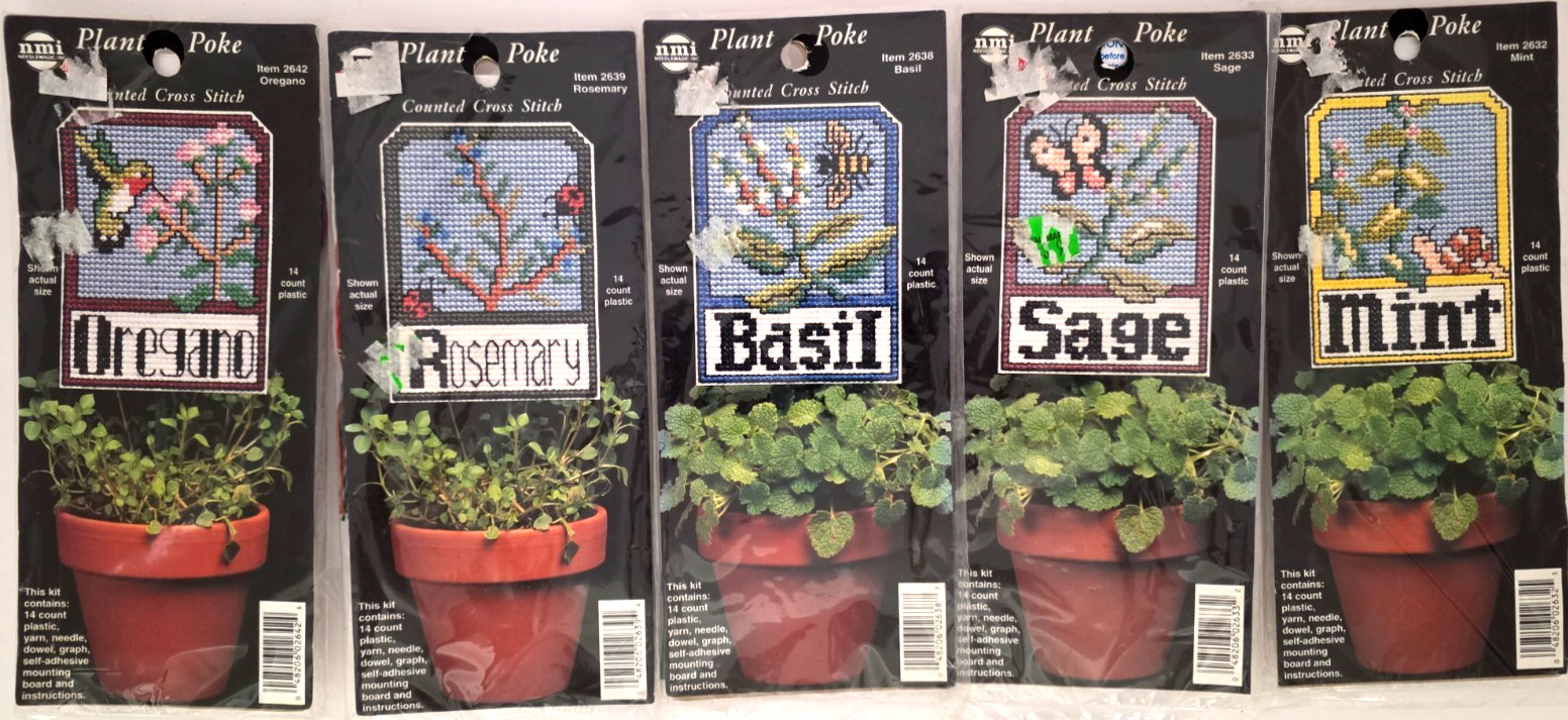 5 Plant Poke Counted Cross Stitch Sage Basil Mint Oregano Rosemary Plant Tag