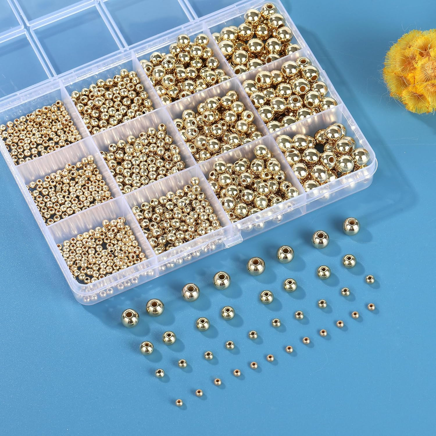 1100 Pcs Smooth Round Beads – 3/4/6/8mm Gold Spacer Loose Ball Bead Kits for Bra