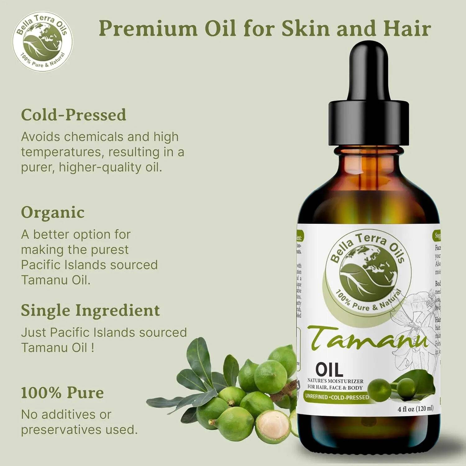 Organic Cold-Pressed Tamanu Oil 100% Pure Skin Hair Nails Healing