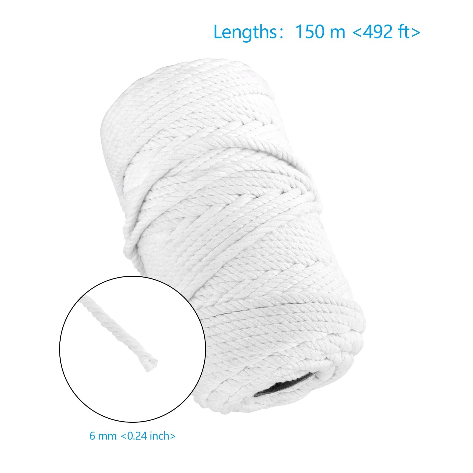6mm x 164 Yards White Macrame Cotton Cord 4 Strand Twisted Soft Rope DIY Craft