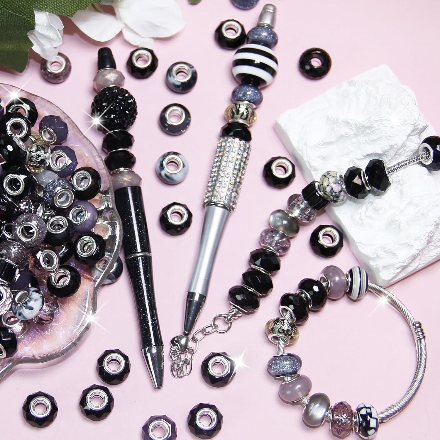 100 Pieces Large Hole Beads, Assorted European Craft Beads Black Big Hole Fai…