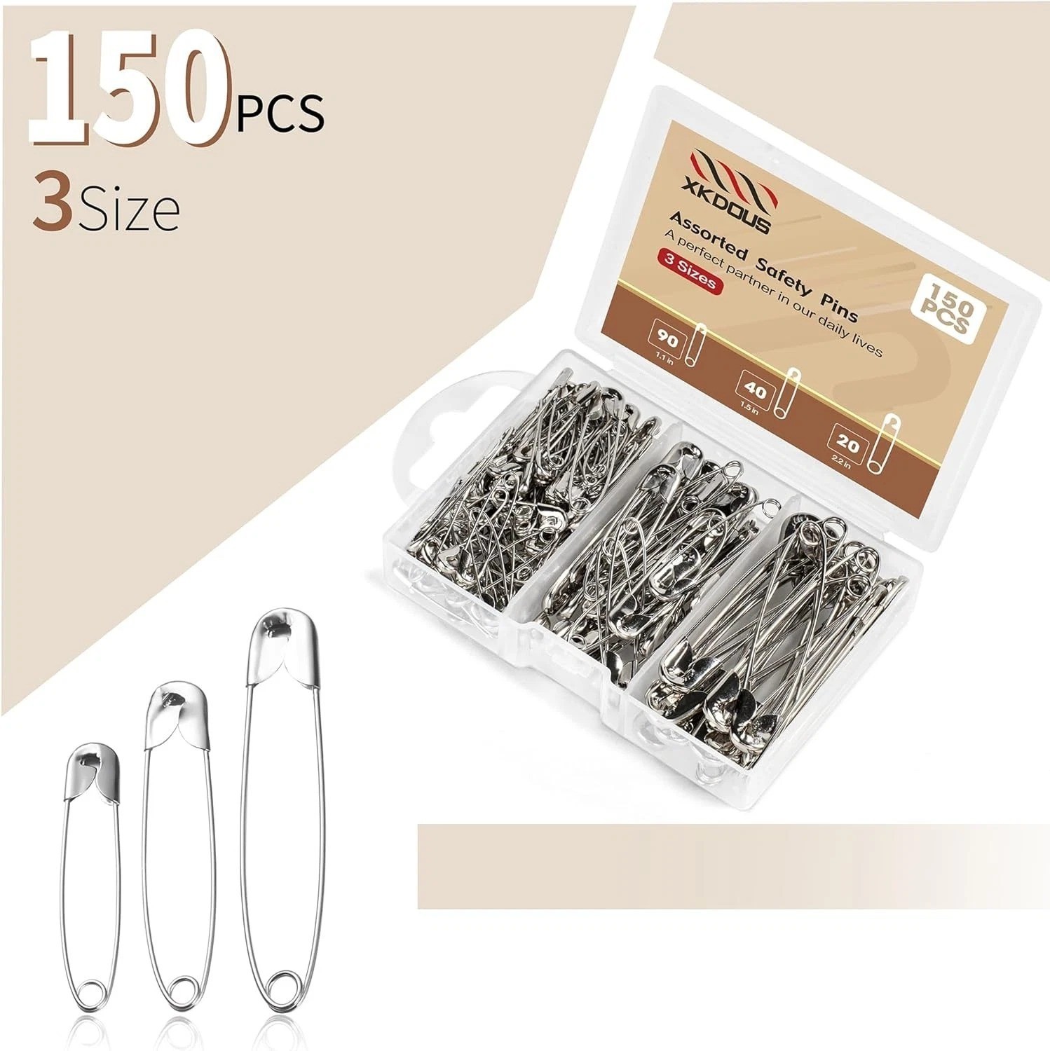Safety Pins – 150 Pcs Assorted Sizes Silver Pins Bulk – Small & Large Heavy Duty
