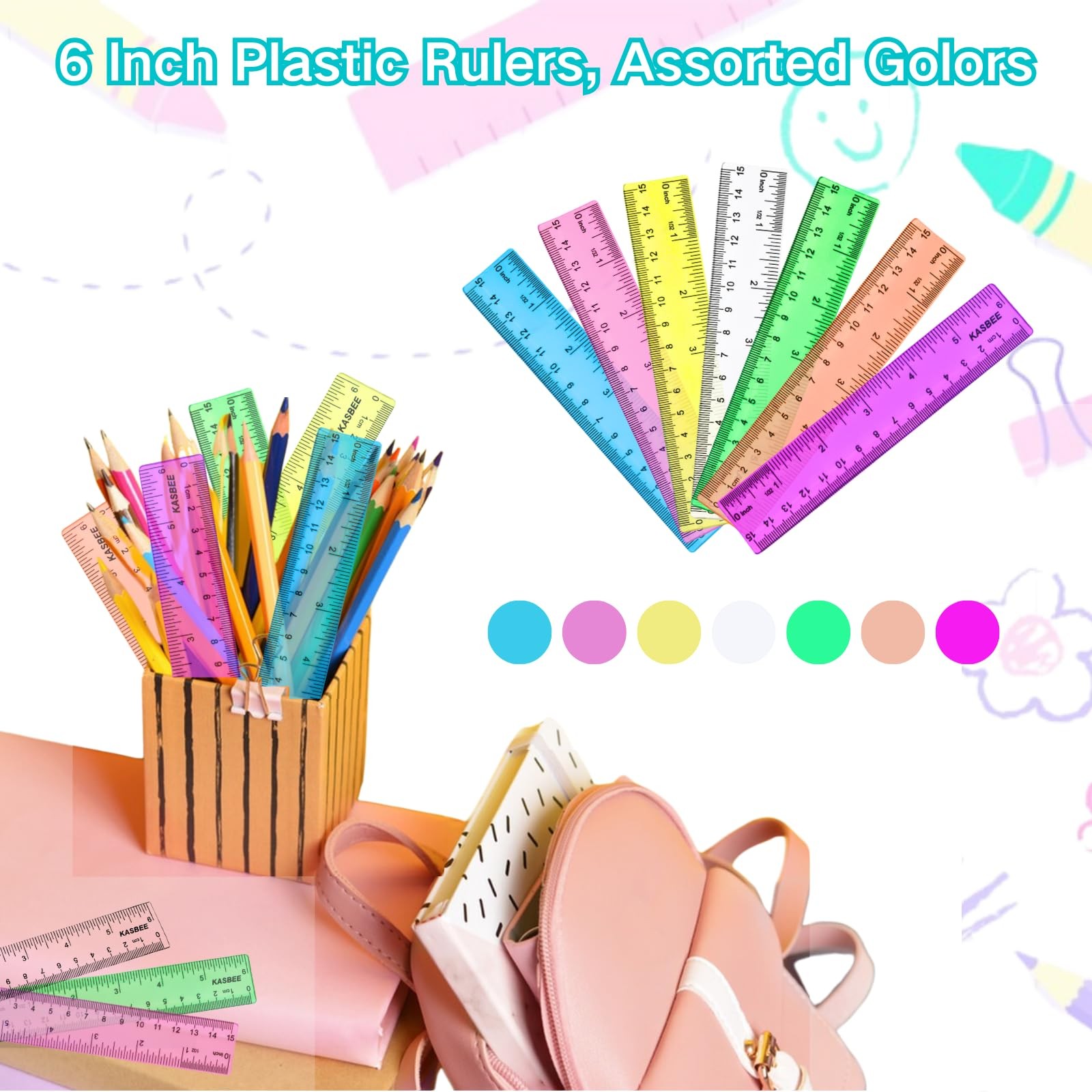 6 Inch Rulers, Colored Clear Centimeters 6 Inches, assorted colors