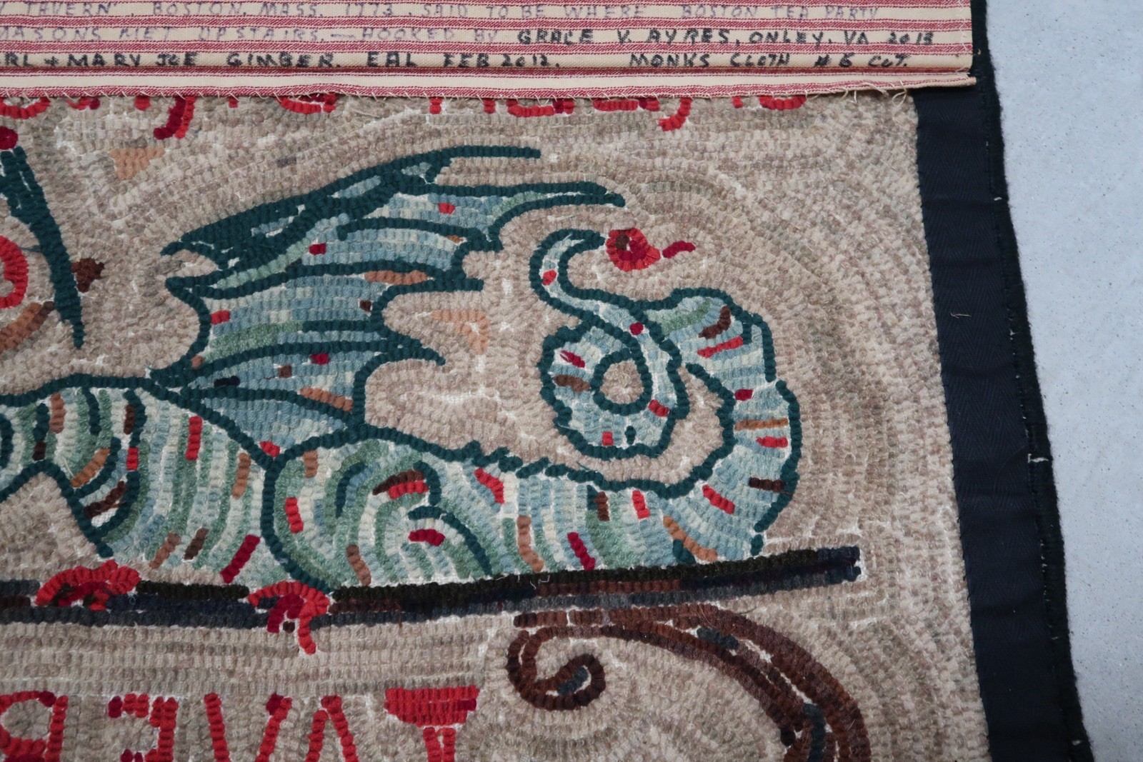 Hand Hooked Wool Rug Green Dragon Tavern Boston Tea Party Masonic Folk Art A3