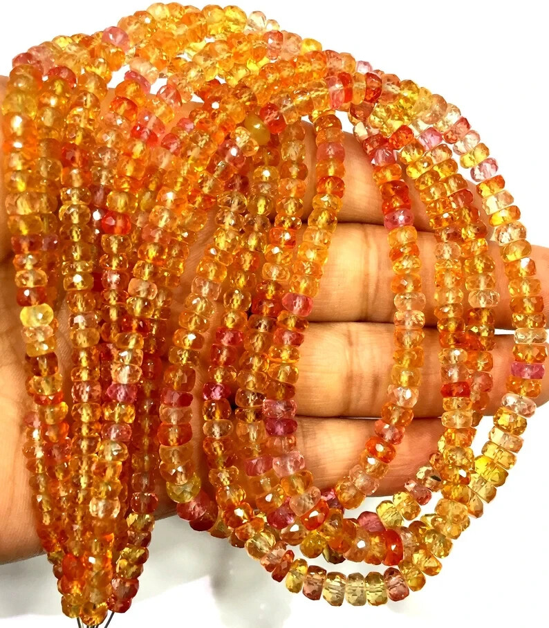 AAAA+ Sparkling Padparadscha Faceted Beads Rondelle Strand Gemstone Beads.