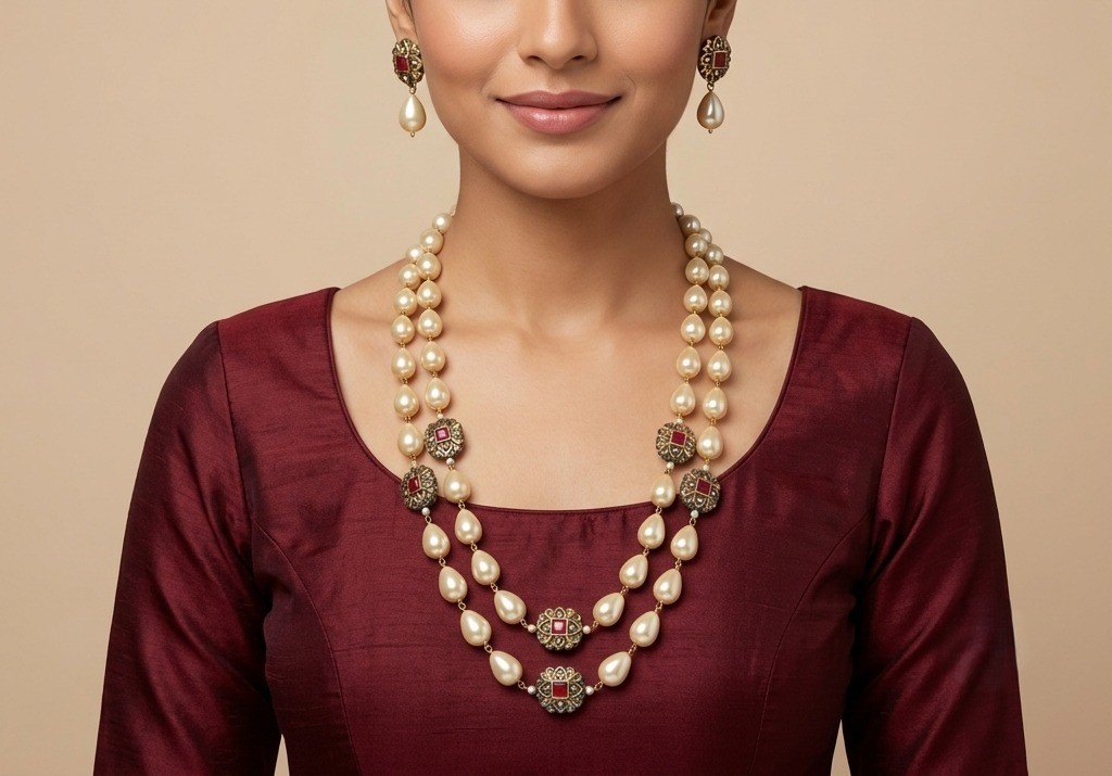 Luxury 2 Layer Pearl Beaded Necklace Set Gold Tone Ruby Floral Earrings Women