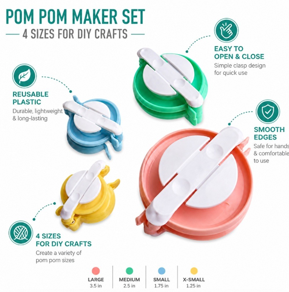 4 Sizes DIY Pompom Maker Kit – Fluff Ball Weaver for Crafting, Knitting & Wool