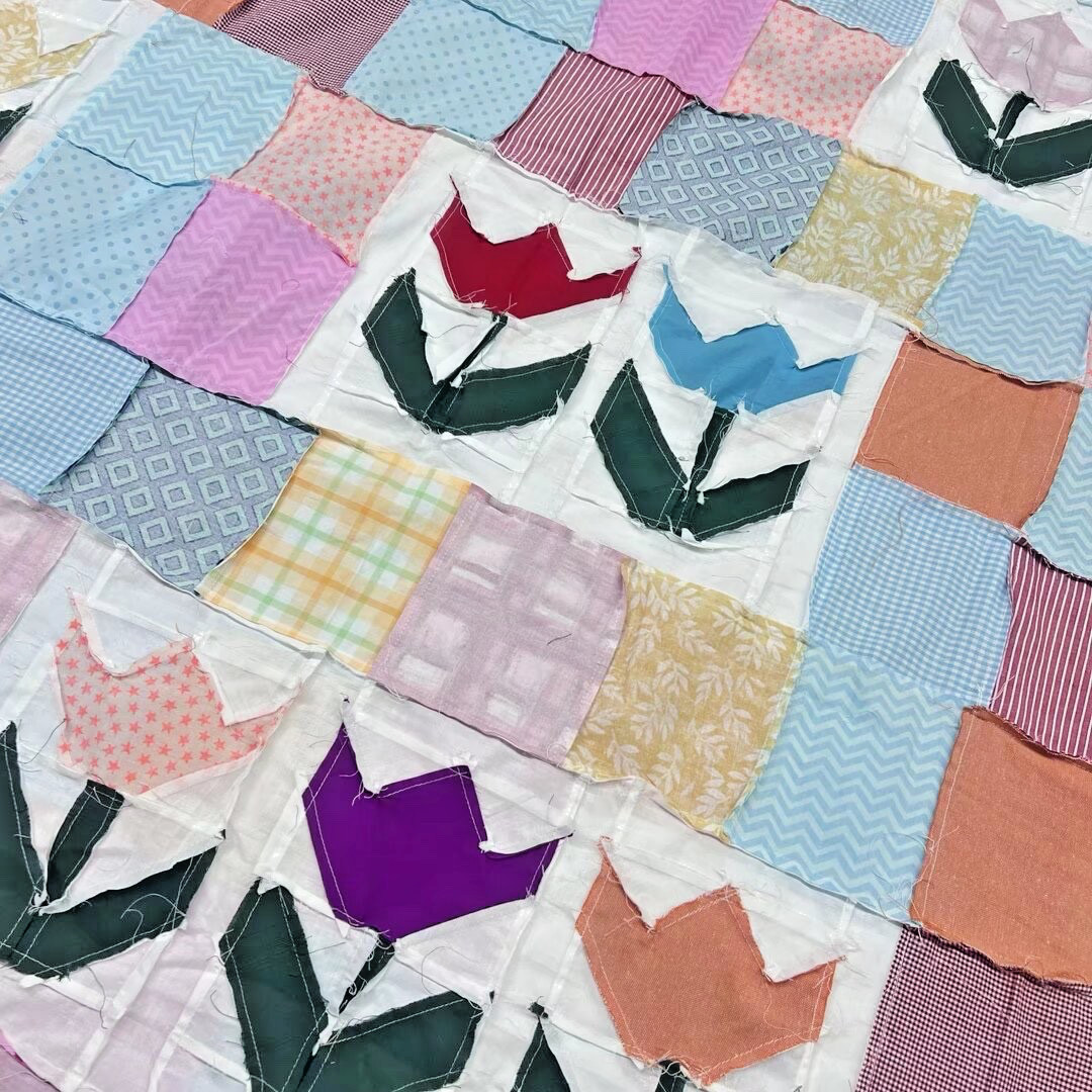 Handmade Tailored Tulips Cotton Fabric Queen Size Patchwork quilt top/topper