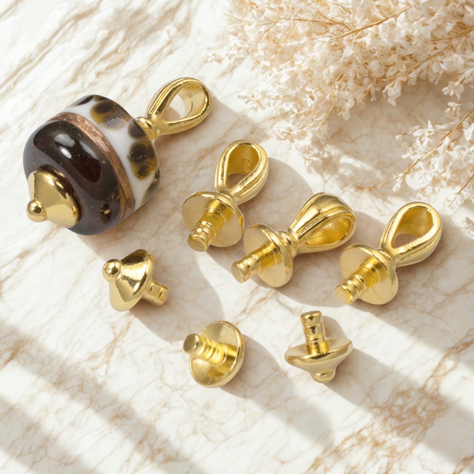 Gold Nouveau Glue-On Bail Cap Sets 2.5mm Peg, Pendant Maker Findings 4 Sets