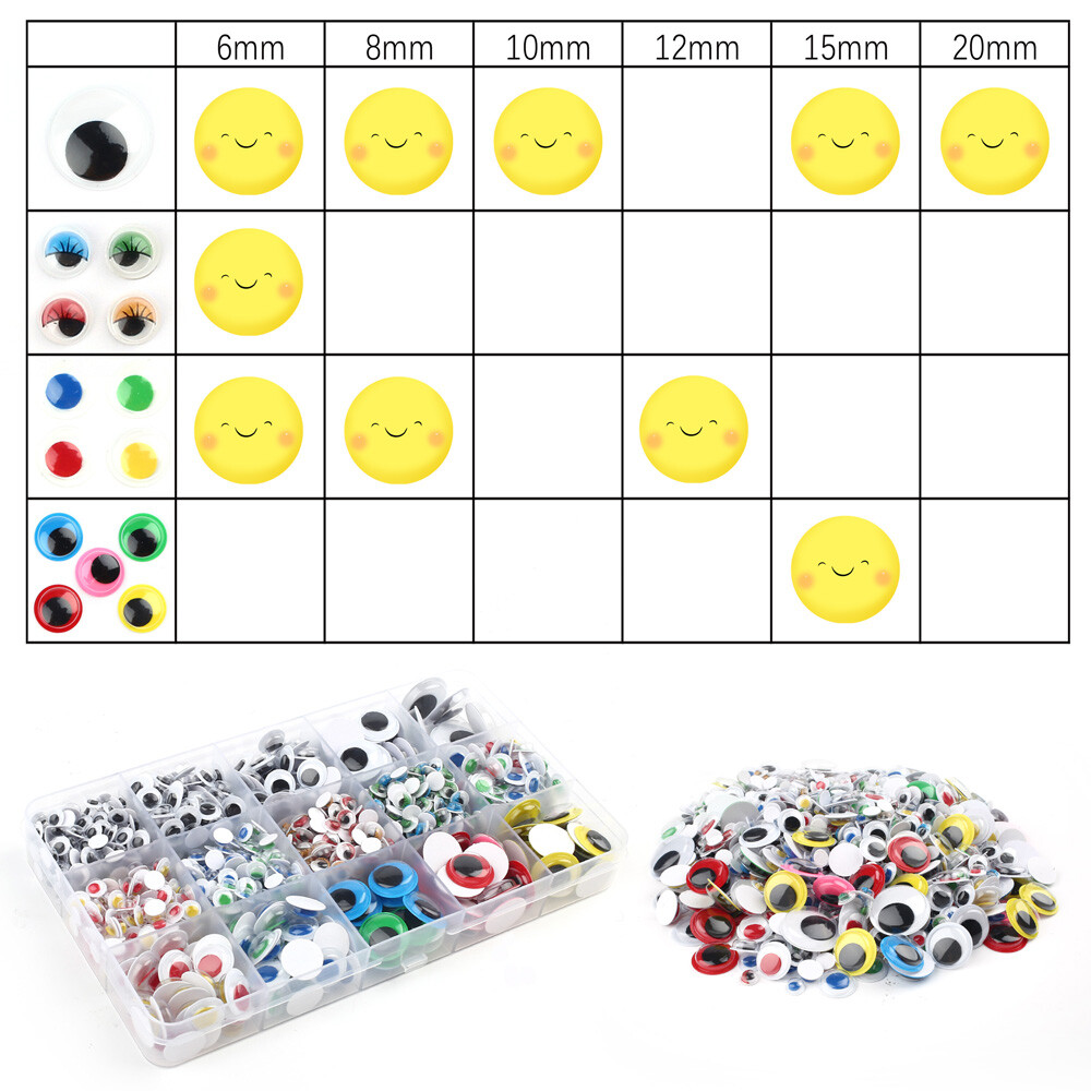 1100PCS 6mm 8mm 10mm 15mm 20mm Colorful Wiggle Googly Eyes with Self-Adhesive