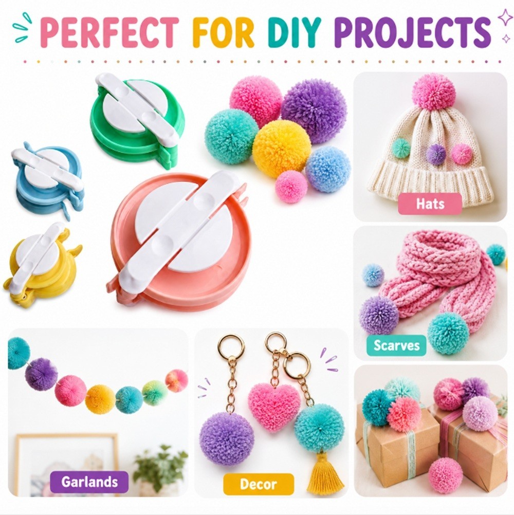 4 Sizes DIY Pompom Maker Kit – Fluff Ball Weaver for Crafting, Knitting & Wool