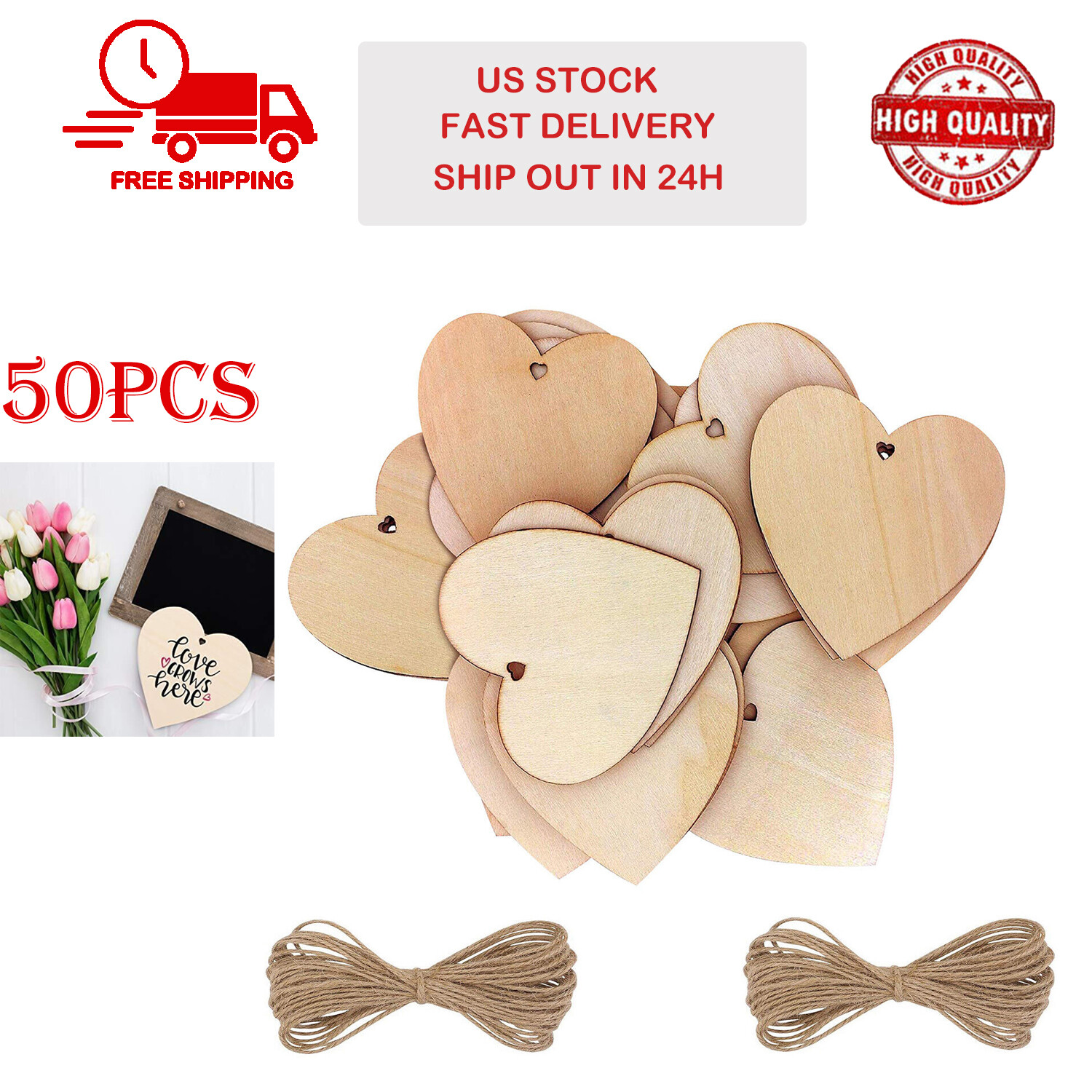 50PCS Wooden Hearts +Twine 3.2×3.2″ Shaped Heart Set with Holes & Rope DIY Gifts